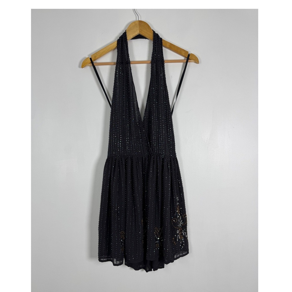 Glam Altar'd State Women S Romper Black Beaded Halter Deep V-Neck R1719